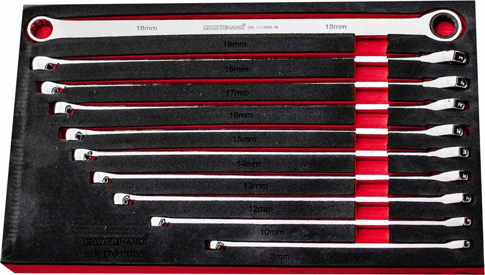 10 Pc XL Double Ring Ratchet/Fixed Spanner Set By Powerhand