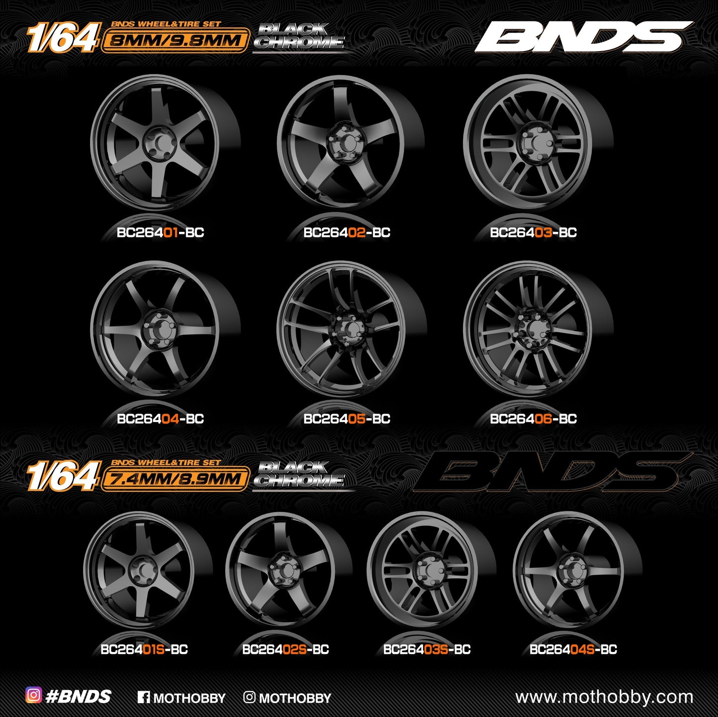 Mot Hobby BNDS . ABS Plastic 1/64 Wheel and Tire Sets - BLACK CHROME - Select Options From Menu