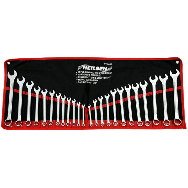 Combination Spanner Set Metric And Imperial 25 Piece Set Sizes 6-22mm & 1/4-7/8 Supplied in a Wallet By Neilsen