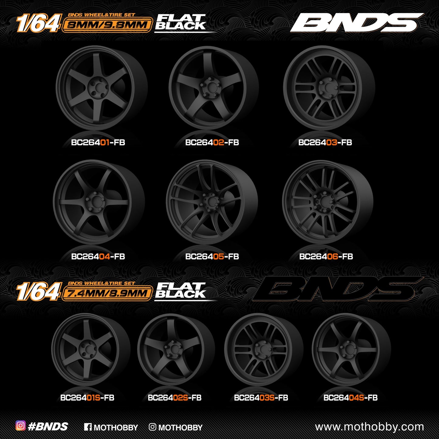 Mot Hobby BNDS . ABS Plastic 1/64 Wheel and Tire Sets - FLAT BLACK - Select Options From Menu