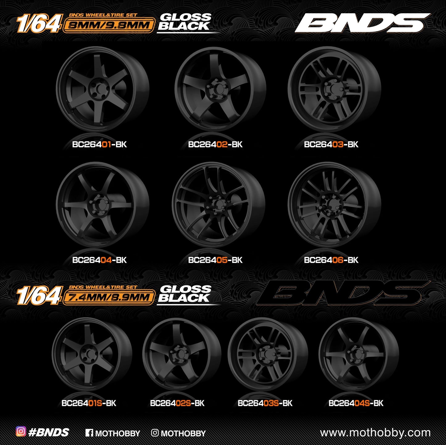 Mot Hobby BNDS . ABS Plastic 1/64 Wheel and Tire Sets - GUN METAL - Select Options From Menu