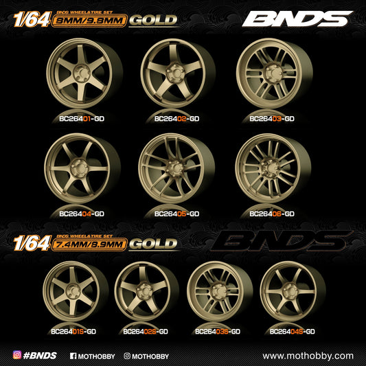 Mot Hobby BNDS . ABS Plastic 1/64 Wheel and Tire Sets - GOLD - Select Options From Menu