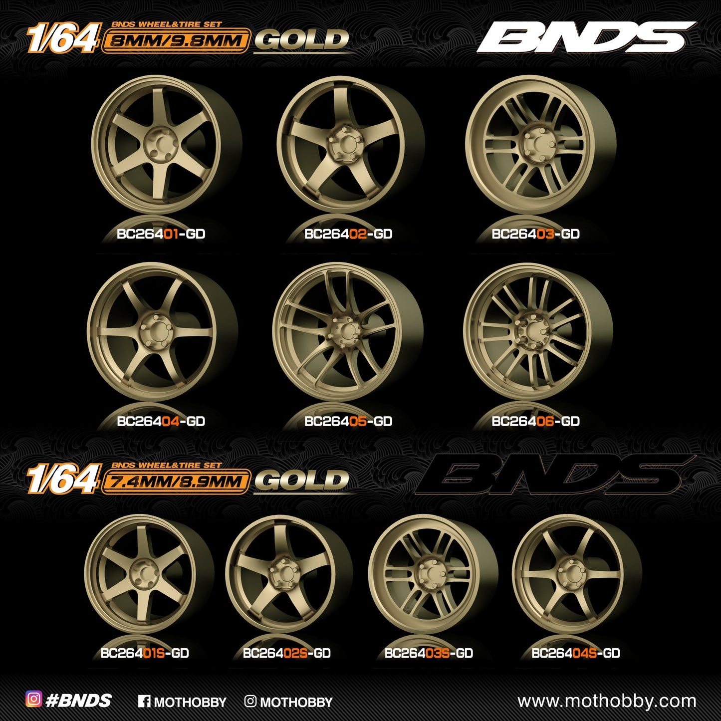 Mot Hobby BNDS . ABS Plastic 1/64 Wheel and Tire Sets - GUN METAL - Select Options From Menu