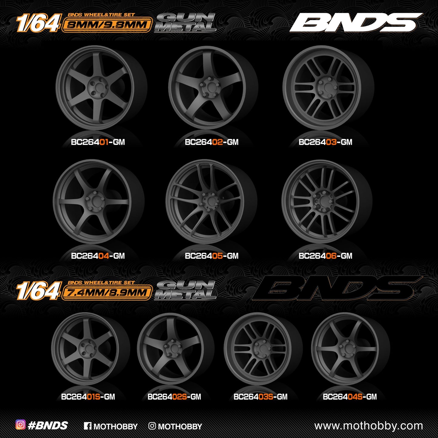 Mot Hobby BNDS . ABS Plastic 1/64 Wheel and Tire Sets - GUN METAL - Select Options From Menu