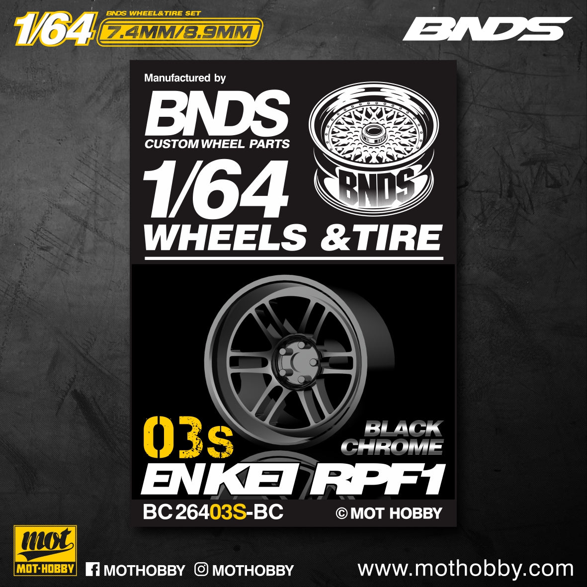 Mot Hobby BNDS . ABS Plastic 1/64 Wheel and Tire Sets - GUN METAL - Select Options From Menu