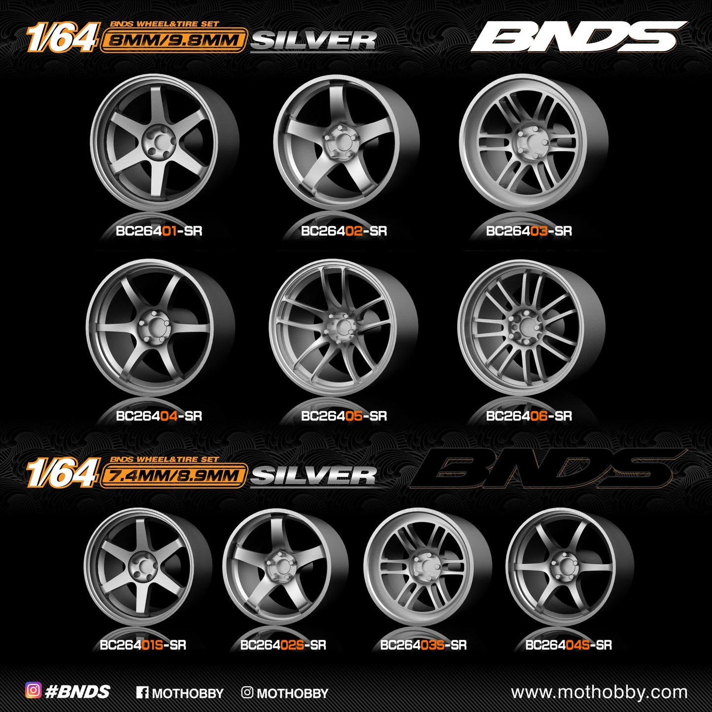 Mot Hobby BNDS . ABS Plastic 1/64 Wheel and Tire Sets - SILVER - Select Options From Menu