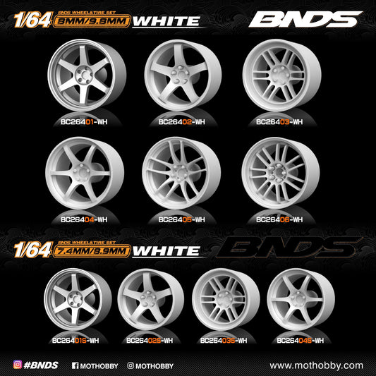 Mot Hobby BNDS . ABS Plastic 1/64 Wheel and Tire Sets - WHITE - Select Options From Menu