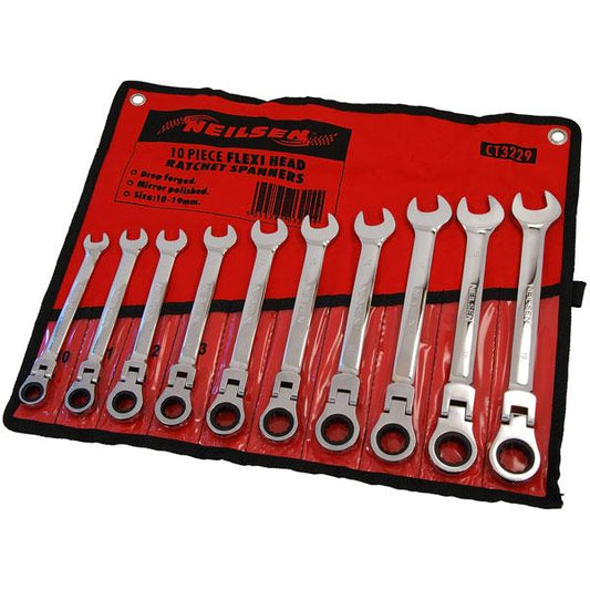 Combination Flexi Head Ratchet Spanner Set Metric Sizes 10-19 mm Supplied in a Wallet 10 Piece Set By Neilsen