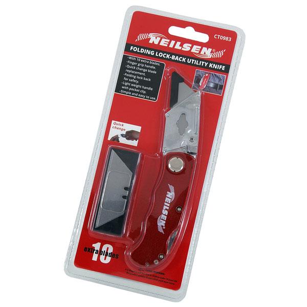 Folding Lock-back Utility Knife Red Body With Pocket Clip And 10 Blades By Neilsen