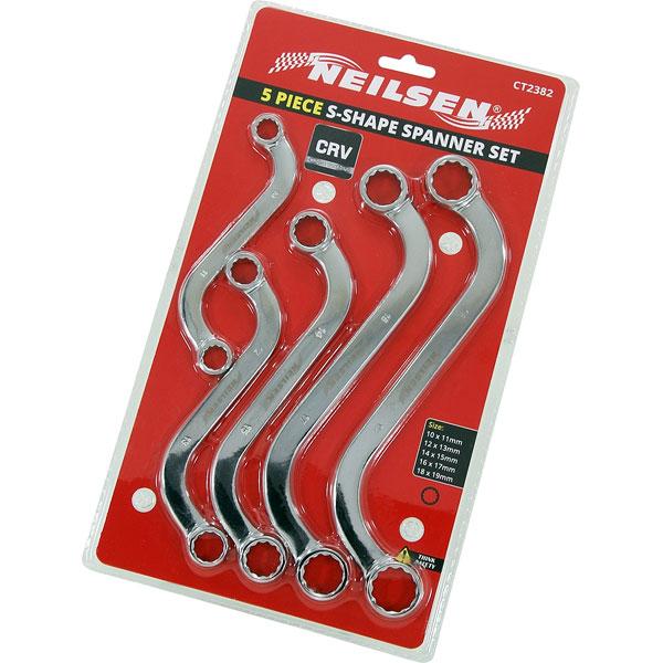 Ring Spanner S Shaped 5 Piece Set Sizes 10.11.12.13.14.15.16.17.18.19mm By Neilsen