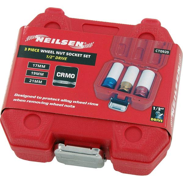 Wheel Socket Set 3 Piece 1/2 Inch Drive Thin Wall Deep Sizes 19.19.21mm By Neilsen